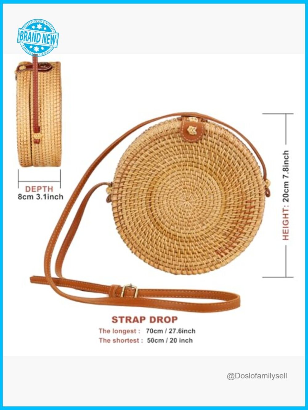 Handwoven Round Rattan Crossbody Bag Boho Straw Beach Travel Shoulder Purse - Picture 5 of 7